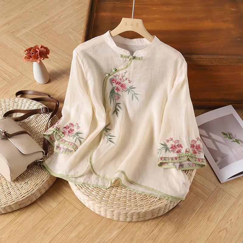 Летняя новая рубашка-топ с ретро-пряжкой, воротником-стойкой, косой застежкой, в этническом стиле, вышитая, из хлопка и льна, с рукавами три четверти, для женщин