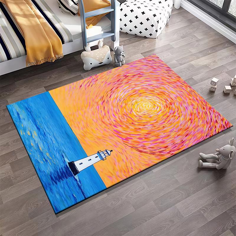 Colorful Lighthouse Sunset Design Carpet with Ocean and Sky Pattern Suitable for use as an anti-slip for living room bedroom sofas