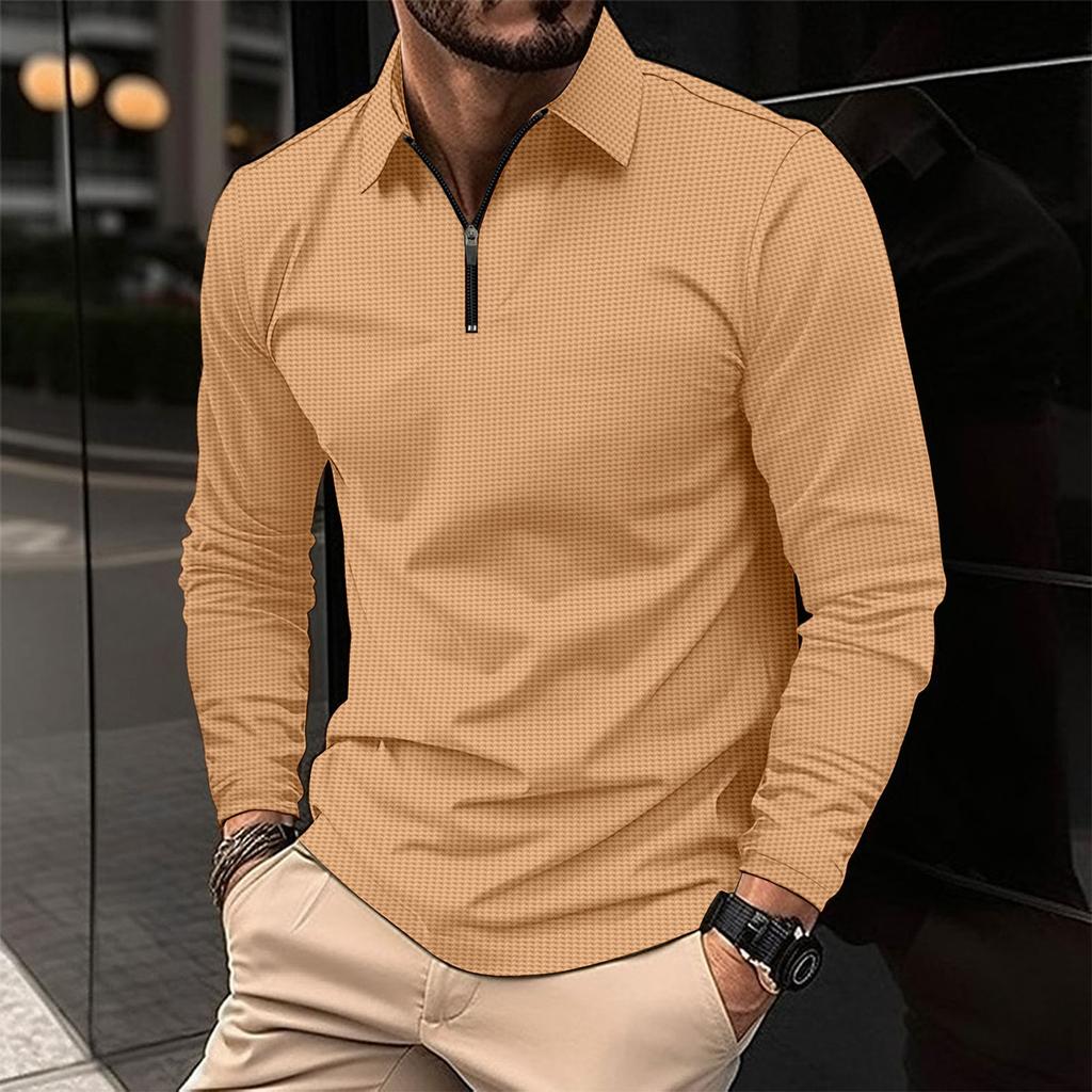 New European and American Men's Collar Fashion Solid Color Waffle Long Sleeved Men's T-shirt POLO