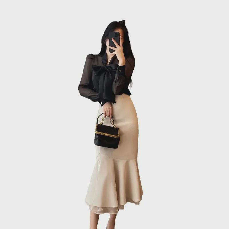 Women's Black Fishtail Skirt & Long-Sleeve Shirt Two-Piece Set - Early Spring 2024