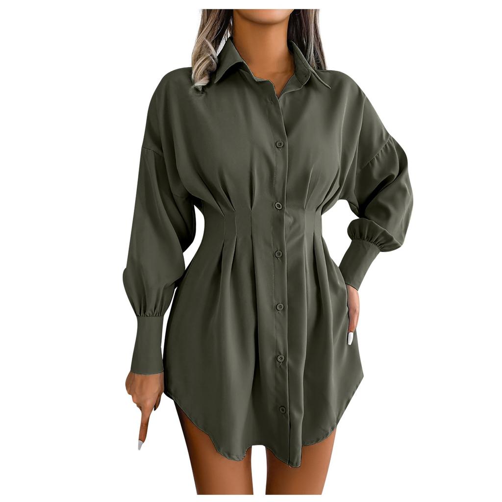 Women's Fashion Solid Color Long Sleeve Neck Waist Dress Shirt Dress