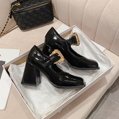 Модные женские модные сапоги на толстом каблуке, осенние, новые, квадратные, с неглубокой горловиной, с металлической пряжкой, темпераментные, высокие каблуки