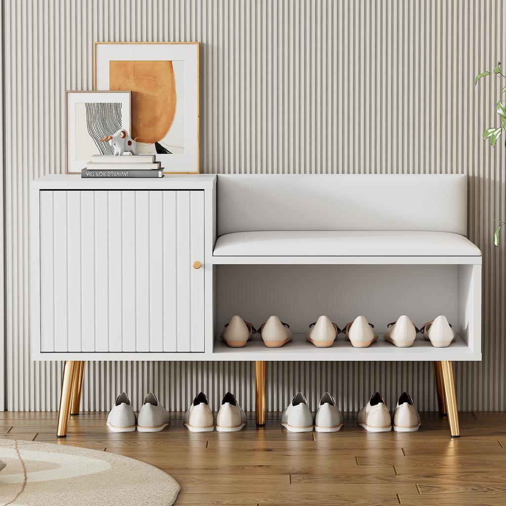 Luxurious Shoe Chest in White with Storage, Upholstered Bench and Backrest - Shoe Rack with Metal Handles and Legs - for Entryway - W100/D40/H58 cm