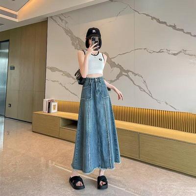 Юбка миди из выбеленного денима большого размера в гонконгском стиле: Пэчворк с необработанными краями, А-силуэт, утягивающий живот, облегающий бедра дизайн для женщин