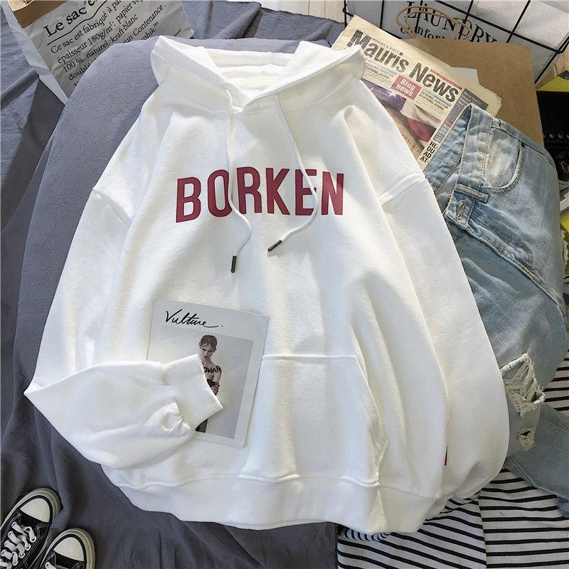 Womens Hoodie Ins Style Long Sleeve Loose Fit Student Fleece Lined Sweatshirt