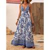Western Style Summer New Sexy Deep V-neck Sexy Print Waist Hugging Backless Sling Dress Beach Long Dress Women