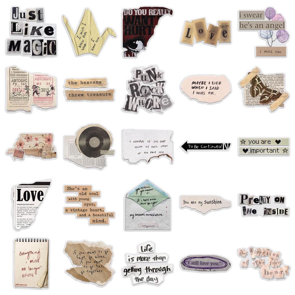 Transparent Retro English Text Stickers - 50 Sheets, Waterproof & Creative for Journals or Cups