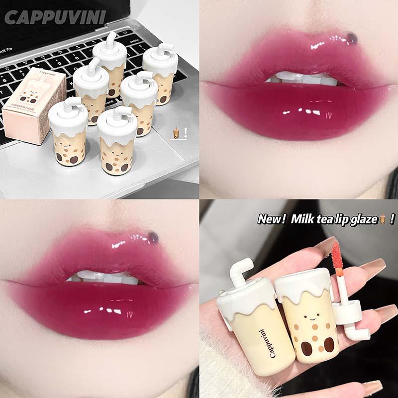 Cute Milk Tea Cup Shaped Pink Water Light Lip Gloss Long-lasting Non Fading Mirror Juice Dyeing Lip Tint for Women Makeup Korean