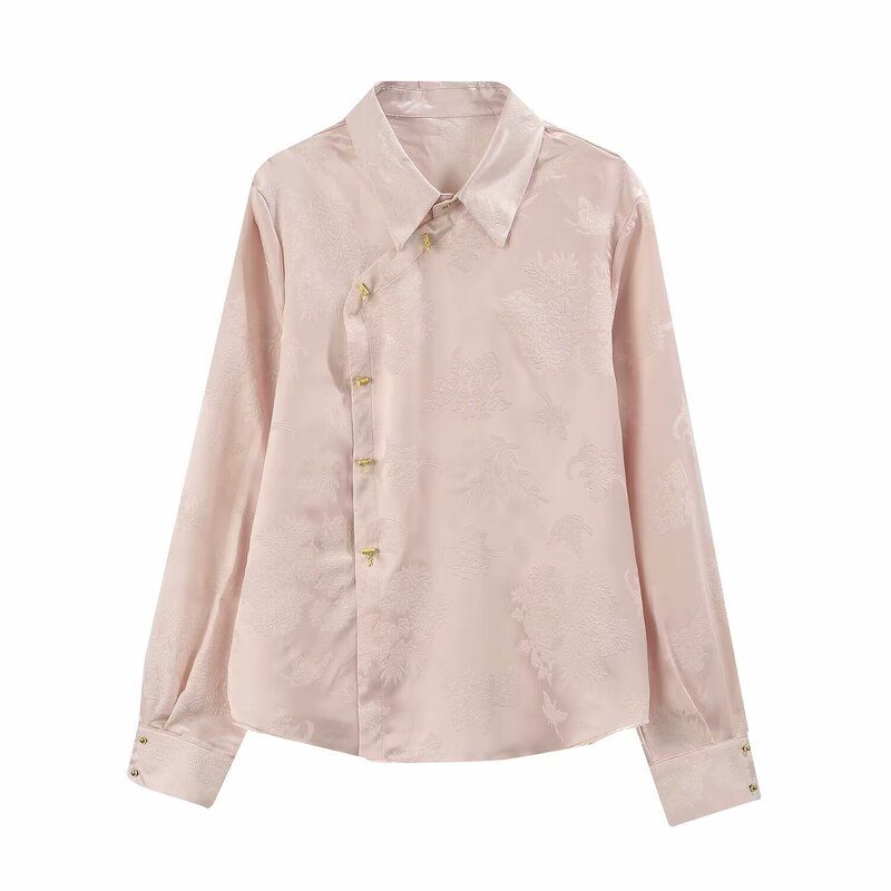 Fashion Style 2024 Spring New Arrival Women's Fashion All-Match National Style Stylish Long Sleeves Jacquard Slub Button Shirt