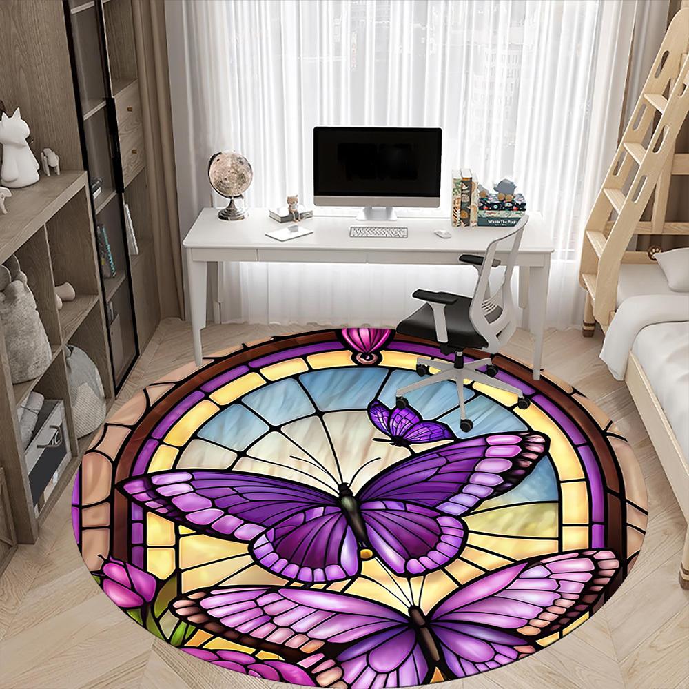 1pc Butterfly StainedGlass Office Round Area Rug, Mat Suitable ForOffice, Under Office Chairs Bedroom Living Room Home Decor, Room Deco