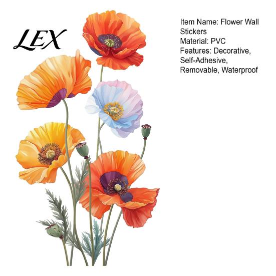 Peel And Stick Flower Murals 2Pcs Watercolor Wall Stickers, PVC Waterproof Floral Decals, Colorful Decor Art Decor, Removable Orange Vinyl Decals for