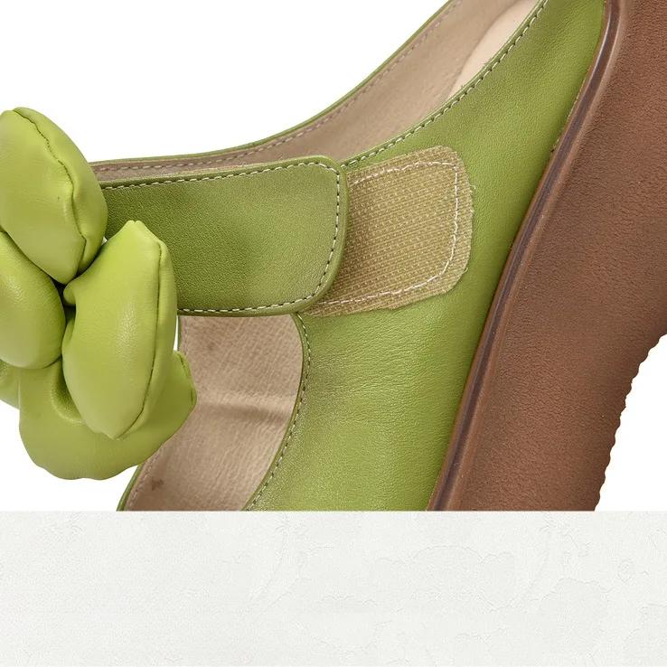 Johnature Detachable Large Flower Round Toe Women's Slippers Genuine Leather Lightweight Thick Soled Sandals