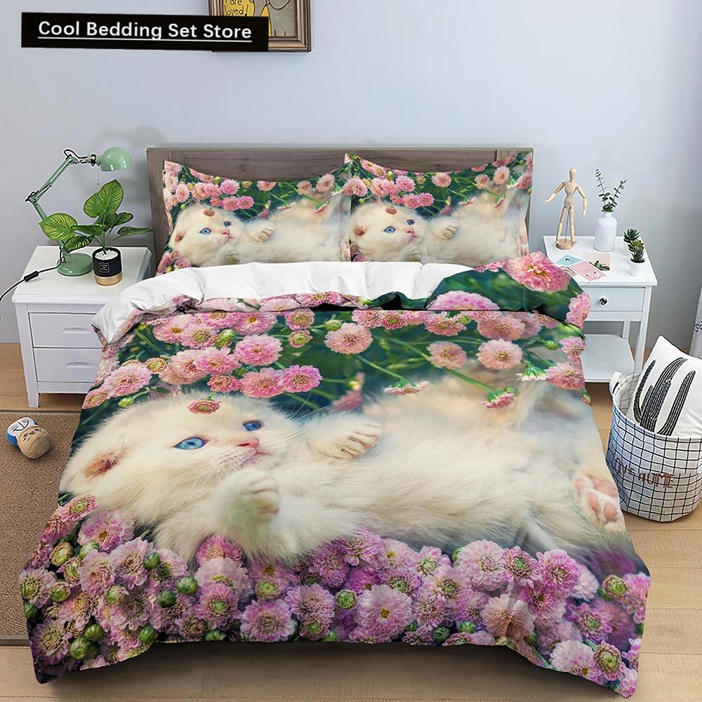 White Cat King Queen Duvet Cover Kawaii Pet Kitty Bedding Set for Kids Teens Adults Family Animal 2/3pcs Polyester Quilt Cover