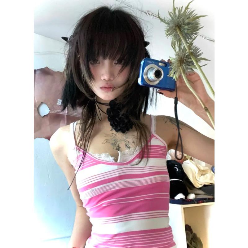 Y2k Aesthetics Camisole Японский топ на бретельках Harajuku 2000-х годов Kawaii Укороченный топ Fairycore Розовая полосатая майка E-girl Grunge