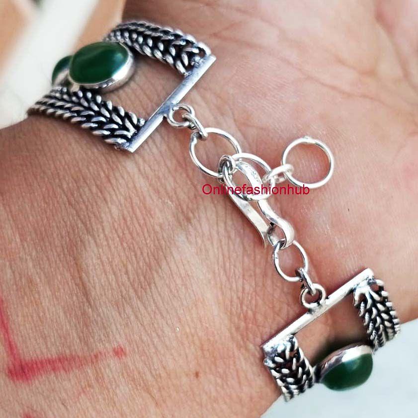 Green Onyx Gemstone 925 Sterling Silver Plated Oxidized Chain Bracelet CBb-b15
