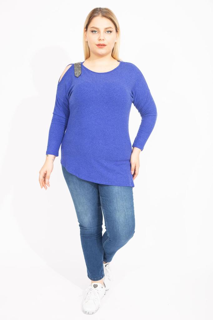 Женская блузка большого размера, зеленая блузка больших размеров на одно плечо с глубоким вырезом, украшенная камнями