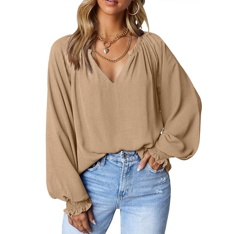 Осенние плиссированные блузки с v-образным вырезом, модные повседневные свободные женские рубашки с длинным рукавом, простые шифоновые рубашки и топы, женская однотонная одежда 28612