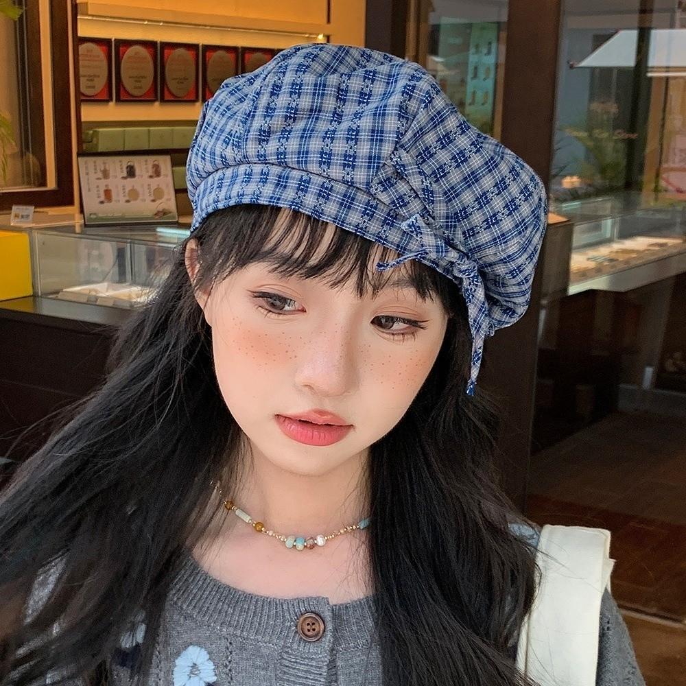 Кепка-берет в клетку в корейском стиле с бантом, женская восьмиугольная кепка, крутая женская шляпа художника, для улицы