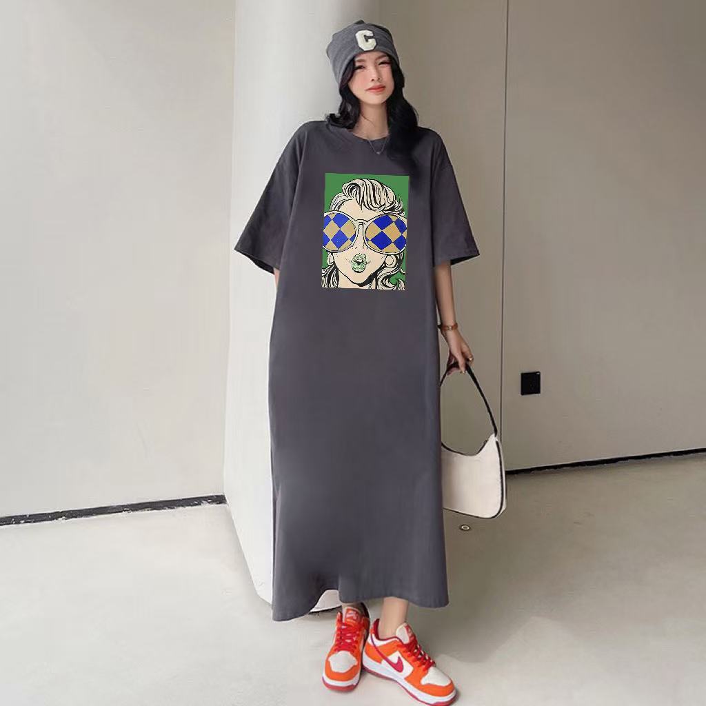Korean large-size women's clothing is thin and versatile, loose straight T-shirt dress, women's tide summer lazy style long T-shirt skirt