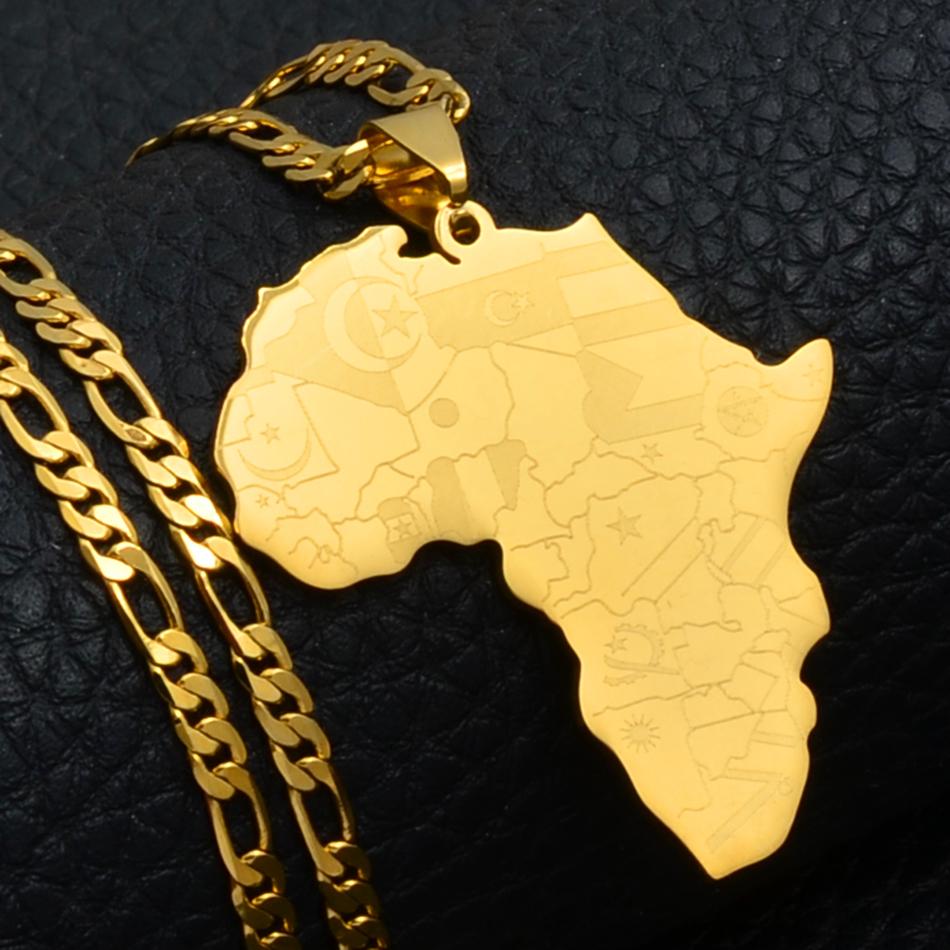 Anniyo Africa Map Wth Country Flags Pendant Necklaces for Men Women Unisex,Gold Plated Congo Ghana Nigeria Jewelry #035321