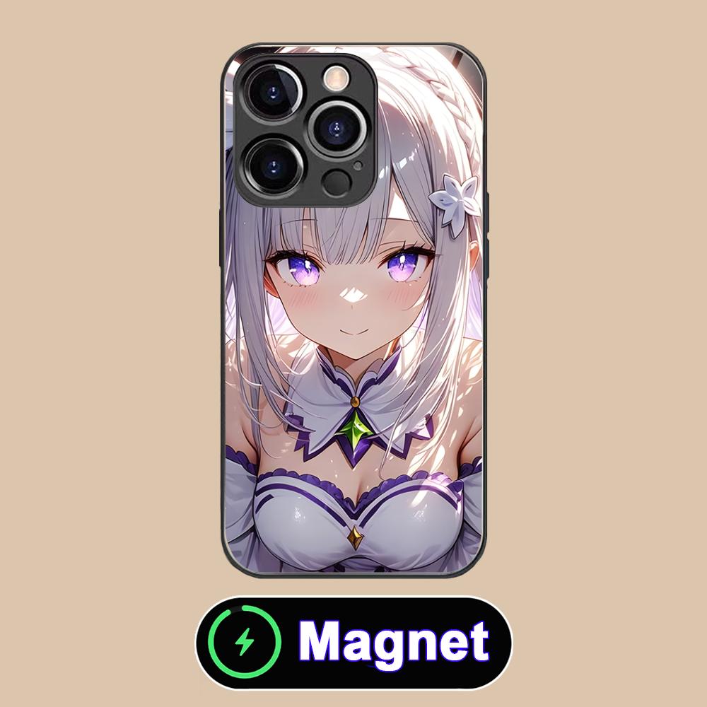 ReZero Emilia Вайфу Стеклянный Чехол для Телефона MagSafe для iPhone 17 16 15 14 13 12 11 Air Pro Max Plus Mini Цветной Чехол