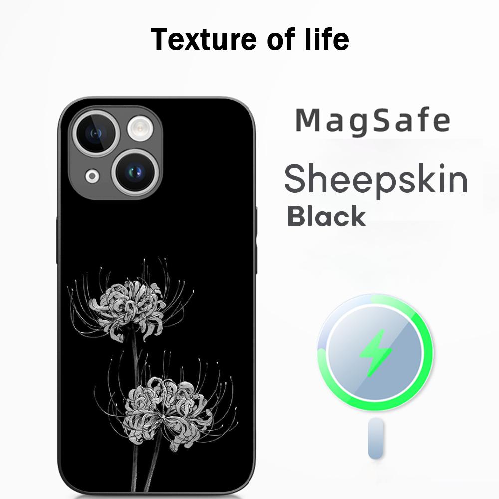 Японское искусство узор с красной лилией-пауком Чехол для телефона Для iPhone 17 16 15 14 13 12 Plus Pro Max Высококачественный Роскошный Magsafe Овчина