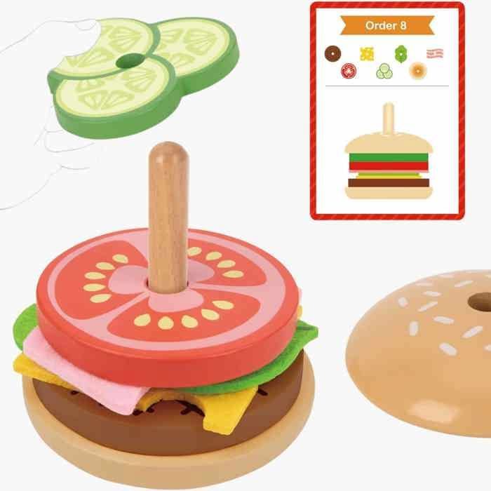 Деревянный гамбургер, деревянные штабелируемые игрушки, имитационная игра, игрушка Монтессори для детей