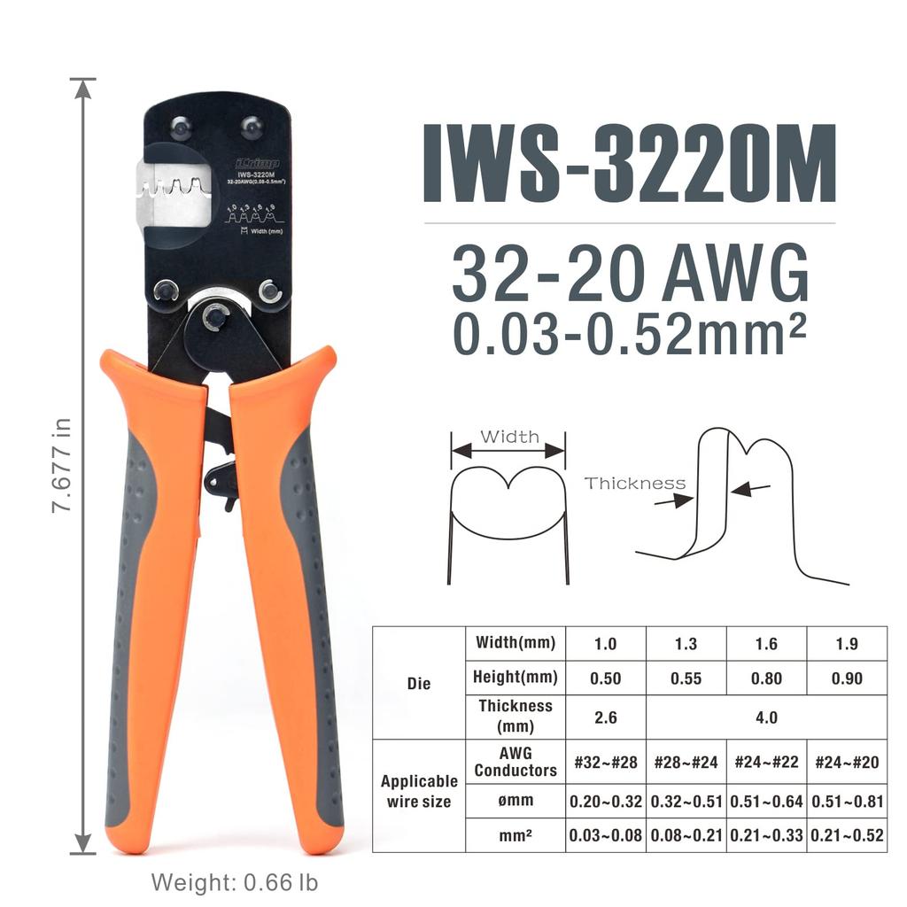 IWISS JST Connector Crimping Ratchet Open Pliers, Type, Barrel, 0.03-0.5mm² (IWS-3220M)