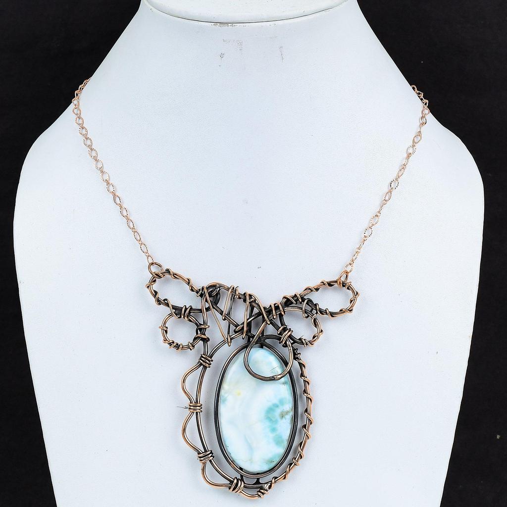 Ожерелье из ларимара, украшения, обернутые медной проволокой, медное ожерелье, украшения ручной работы, регулируемое ожерелье, ожерелье, обернутое проволокой, подарки для жены