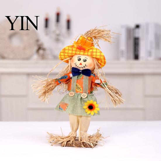 Autumn Garden Statue Standing Fall Scarecrow Decoration, Rustic Halloween Thanksgiving Ornament Seasonal Holiday Party Prop with Clothes Hat