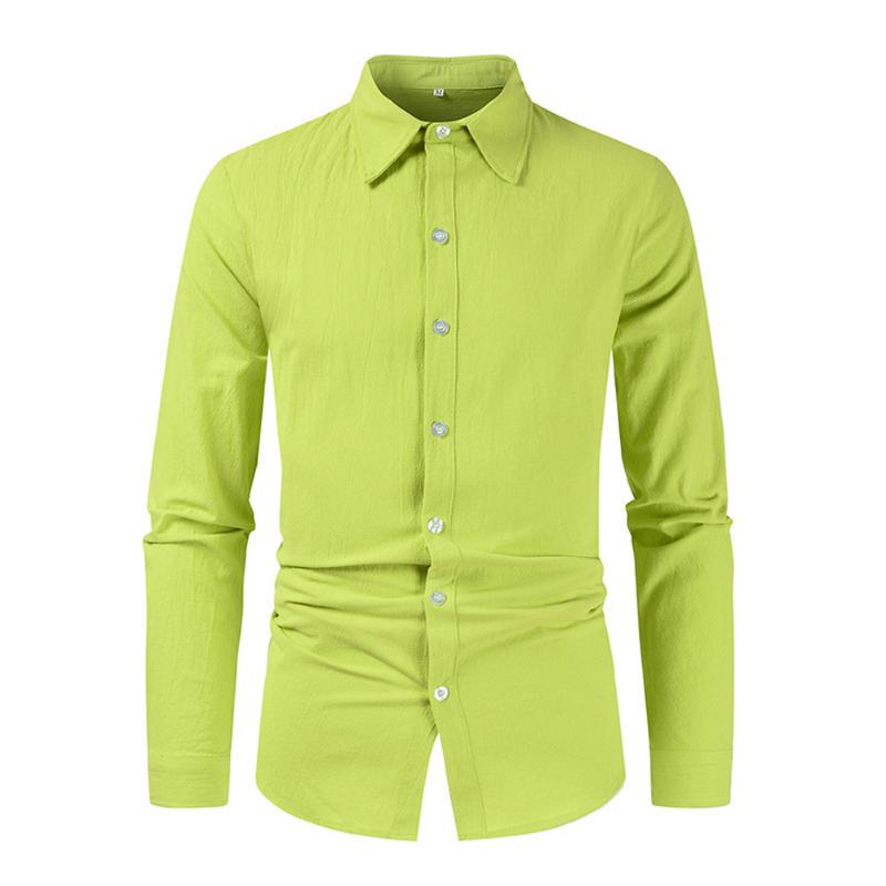 Мужская хлопково-льняная классическая рубашка с длинным рукавом, повседневные однотонные мешковатые топы на пуговицах