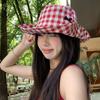 Маленькая клетчатая шляпа-панама для походов, универсальная клетчатая кепка для походов, милая шляпа-ведро с бантом, альпинизм