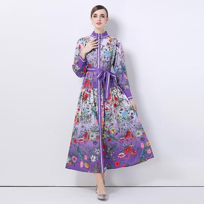 Весна Осень Женское Дизайнерское Винтажное Платье с Принтом с Подиума Однобортное Свободное Удлиненное Макси на Шнуровке Вечерние Платья