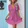 Women's Fashion Summer Spring Flower Pattern Print Short Sleeve V-Neck High Waist Casual Dresses