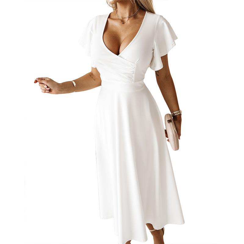 YYFS Женские модные летние весенние однотонные повседневные платья с v-образным вырезом и короткими рукавами и высокой талией