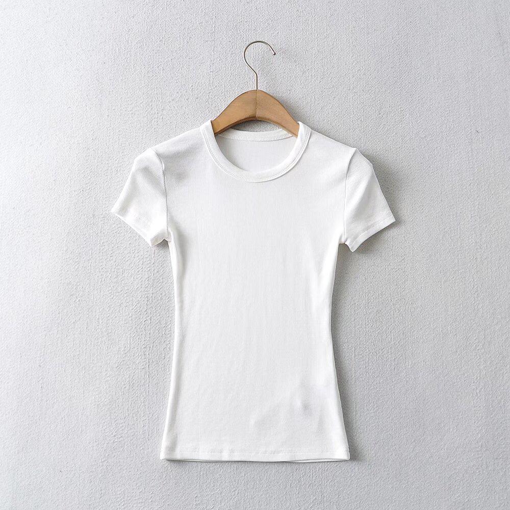 Европейская и американская женская однотонная приталенная футболка в стиле ретро с коротким рукавом