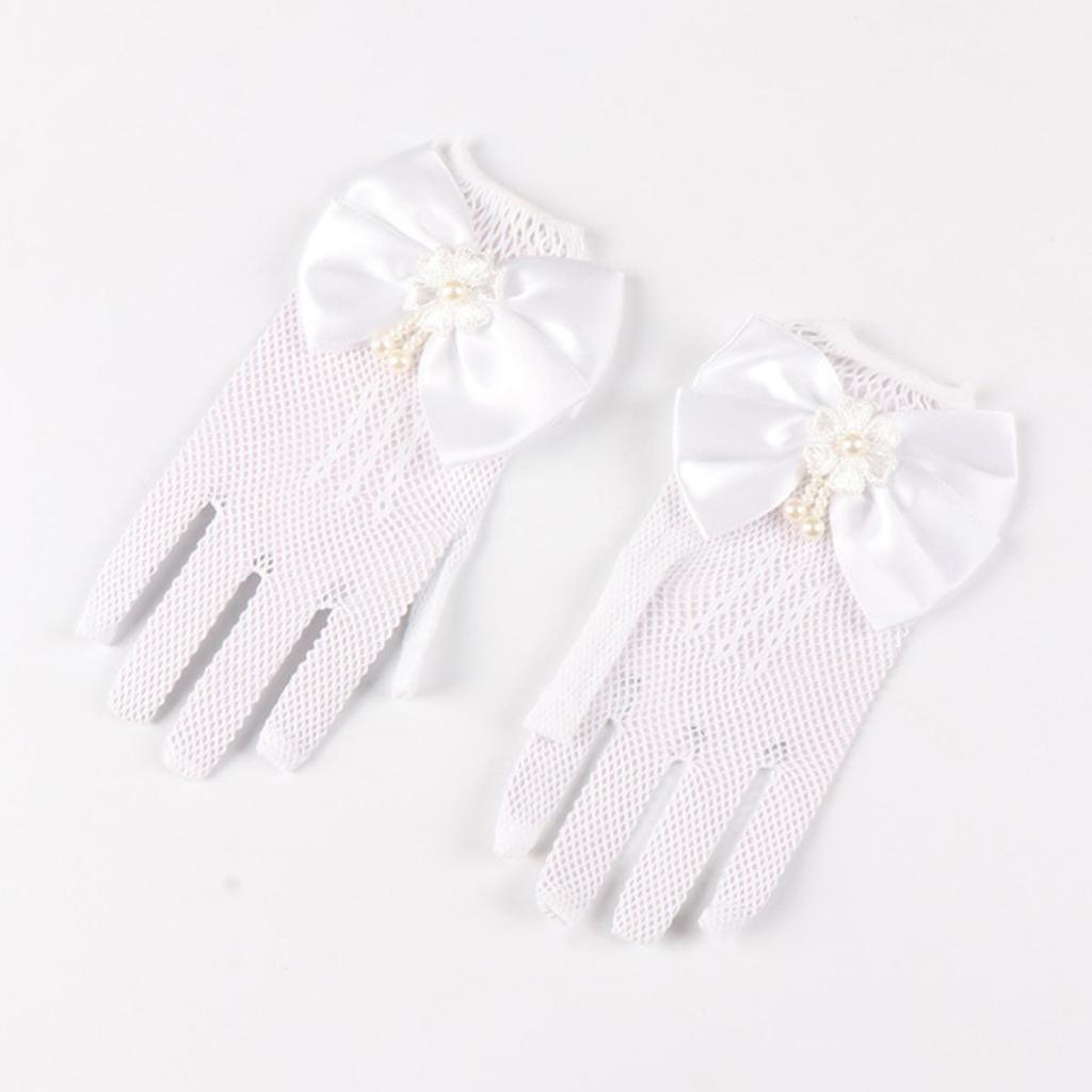 Детские праздничные кружевные перчатки-сетки с жемчугом, перчатки для причастия, перчатки для вечеринки девочки-цветочницы, детские перчатки, сетчатые перчатки с бантом высокой эластичности