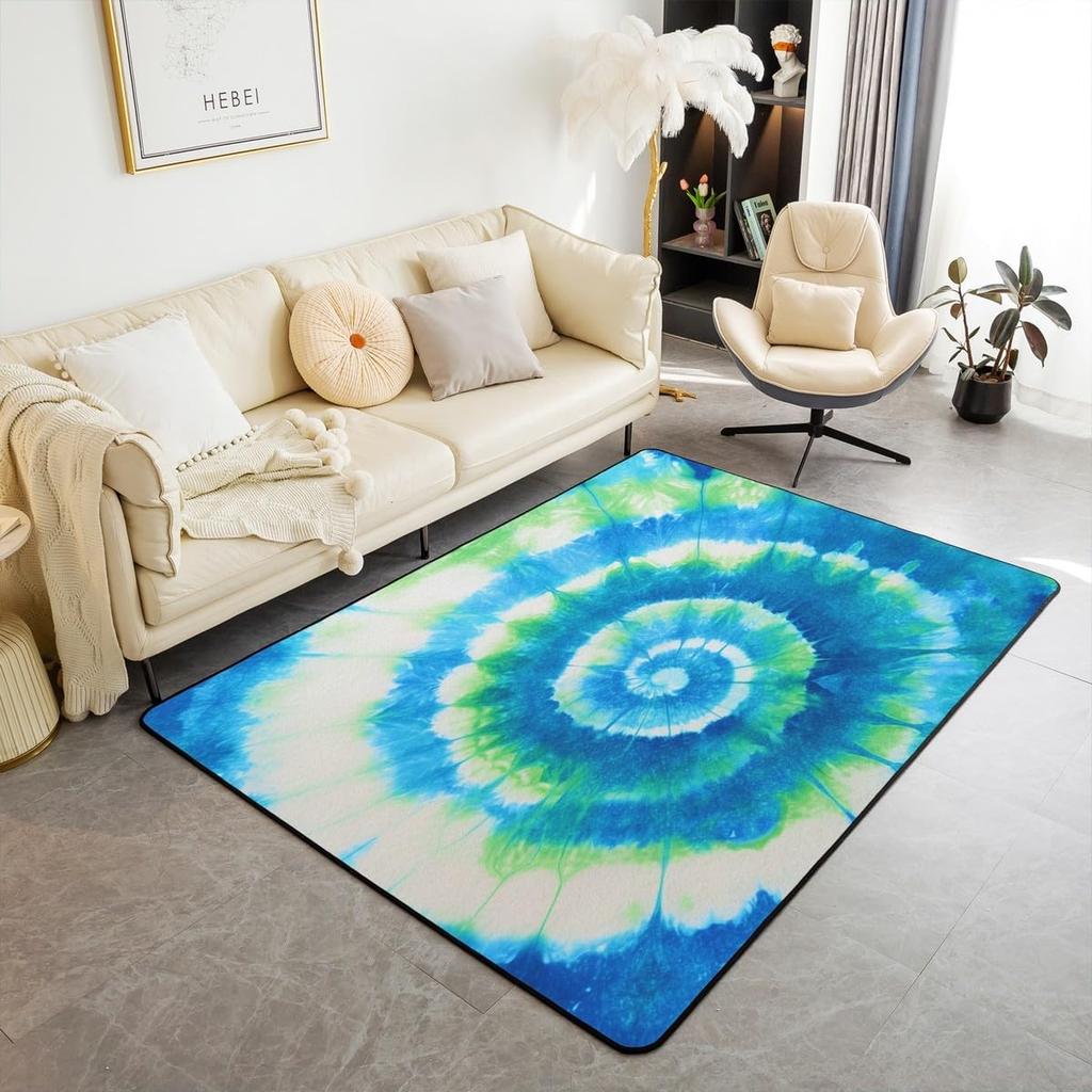 Boho Tie Dye Area Rug for Living Room and Bedroom, Trippy Swirl Hippie Carpet, Soft Bohemian Gypsy Floor Mat