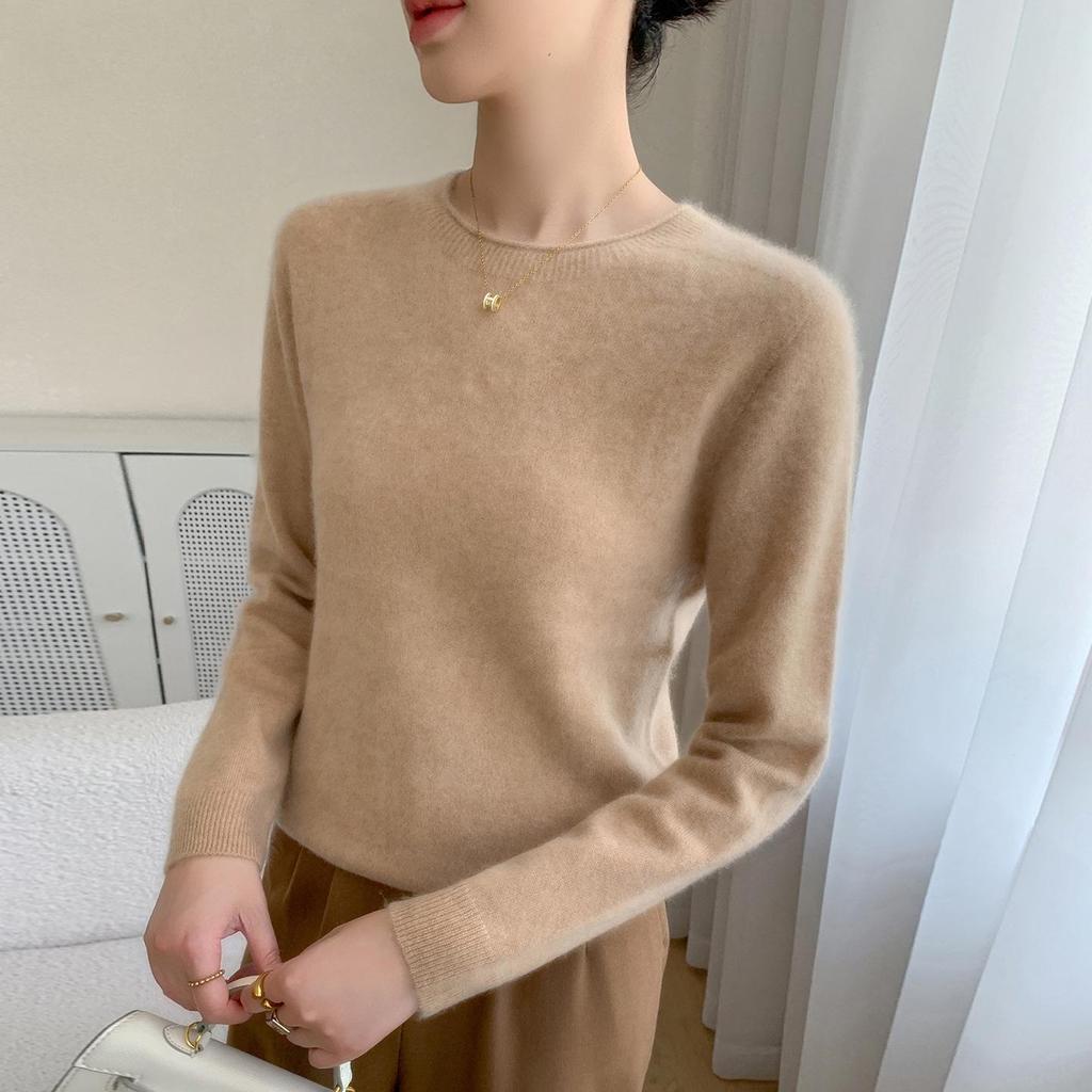 Women's Solid Color Cashmere Sweater - Rolled Hem, Round Neck, Long Sleeve, Loose Fit.
