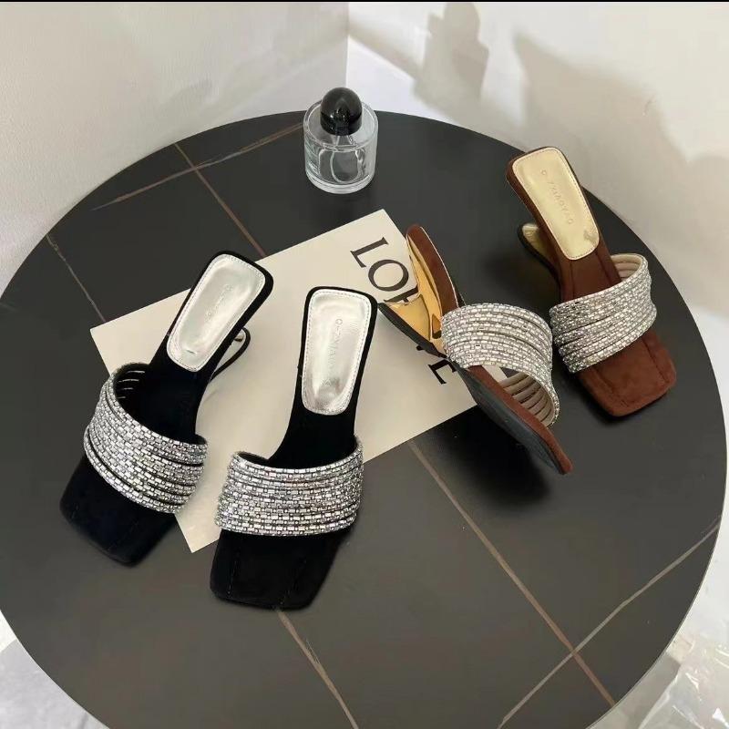 Мода 2024 года, хрустальные ремни, туфли для женщин, летние тонкие высокие каблуки, черные женские тапочки, сексуальные роскошные сандалии с квадратным носком для вечеринок