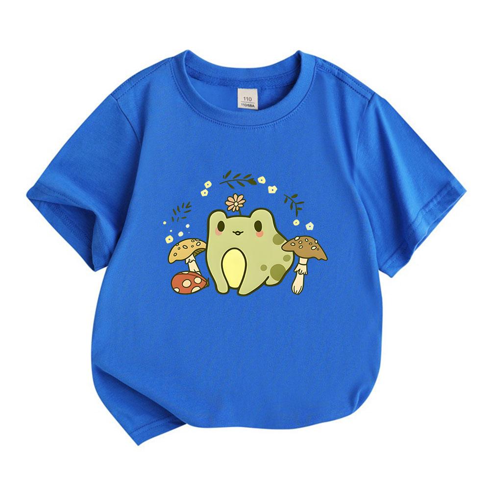 Kids Boys Girls 100% Cotton Crew Neck Short Sleeve T-Shirt, Cute Cartoon Frog with Flower Mushroom Print Casual Soft Summer Tee for Children Daily Wea