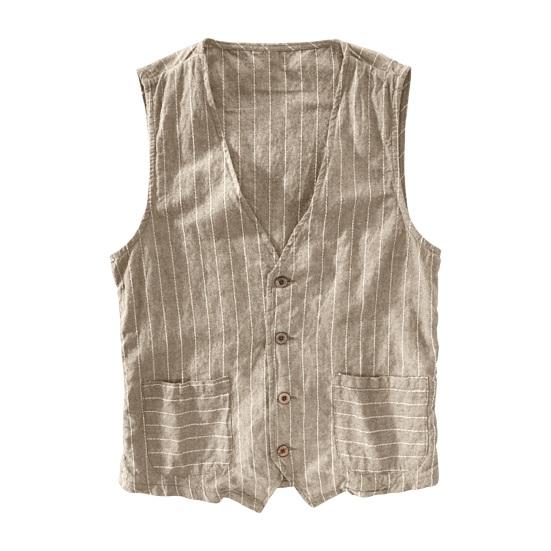 British Style Men Waistcoat V-neck Collarless Sleeveless Striped Print Vest Coat with Pockets Single Breasted Vest