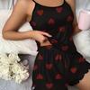 Women's Cami Pajama Set Sleeveless Heart Print Tank Top And Ruffle Shorts Sleepwear Set Summer Two Piece Loungewear Suit