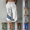 Fashion Men's Casual Trousers New Cotton and Linen Colourful Feather Print Loose Casual Drawstring Trousers