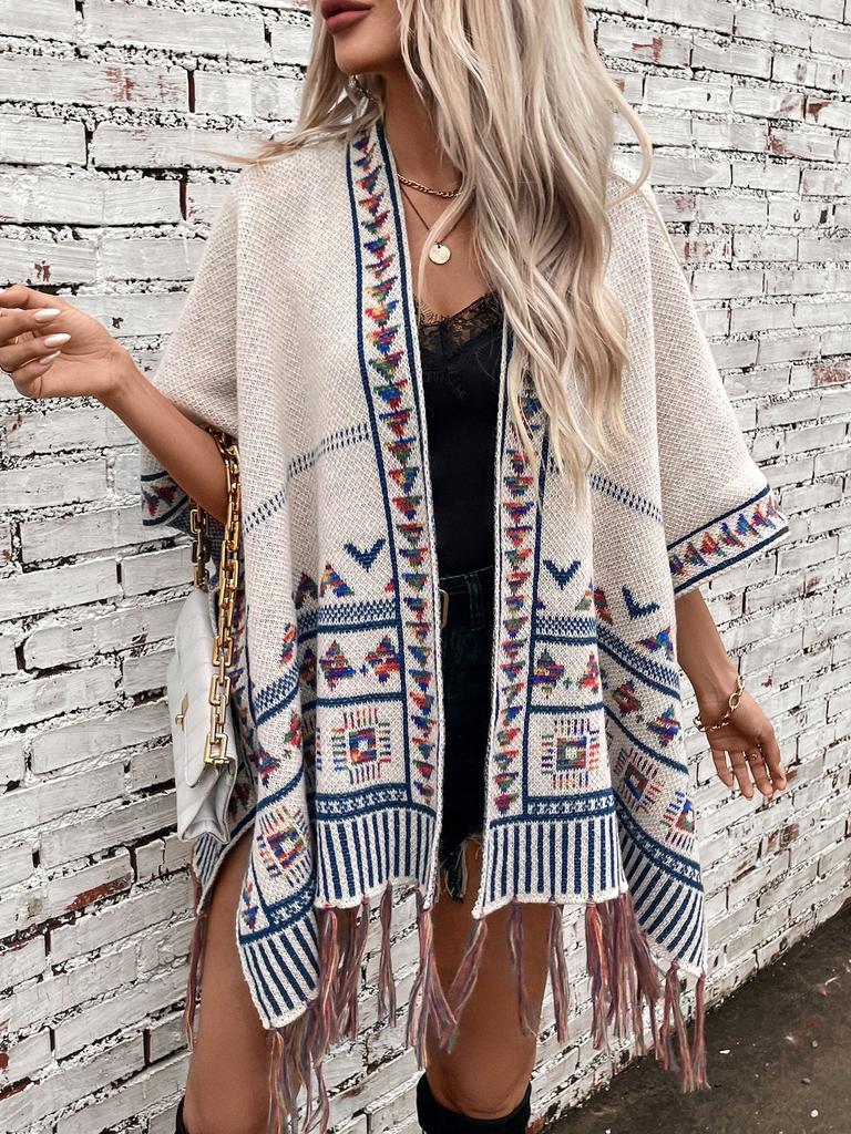 Women's Autumn and Winter Large Size Cardigan Fashionable Knitted Tassel Shawl Loose Jacquard Sweater Cape Top Women