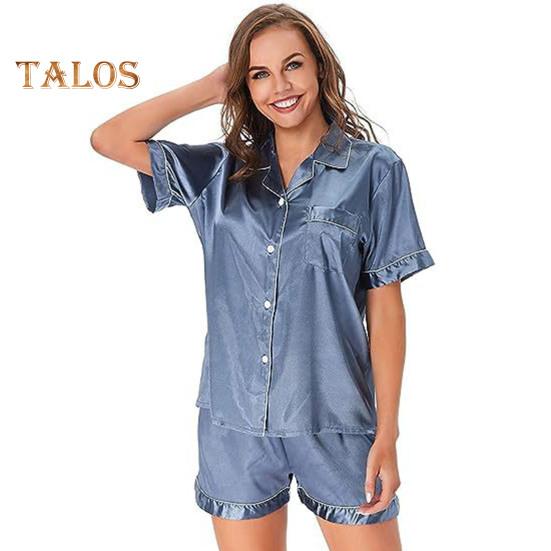 Пижамный костюм из 2 предметов, атласный однобортный кардиган, рубашка с V-образным вырезом, воротником-стойкой, однотонная рубашка с нагрудным карманом, свободные шорты, ночная рубашка, одежда для сна