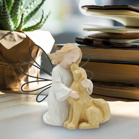 Статуэтка ангела и собаки, расписанная вручную из смолы, украшение для домашнего офиса, настольная мини-статуэтка ангела, девочки и собаки, подарок для любителей собак