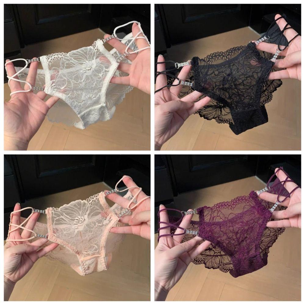 Breathable Low Waist Lace Zircon Panties Cotton Crotch Thin Strap Underwear for Women Transparent Flower Mesh Lace Briefs Lady