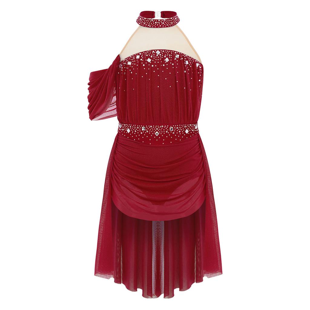 Girls Halter Backless Ruched Mesh Drape Dress Lyrical Dance Performance Rhinestone Costume