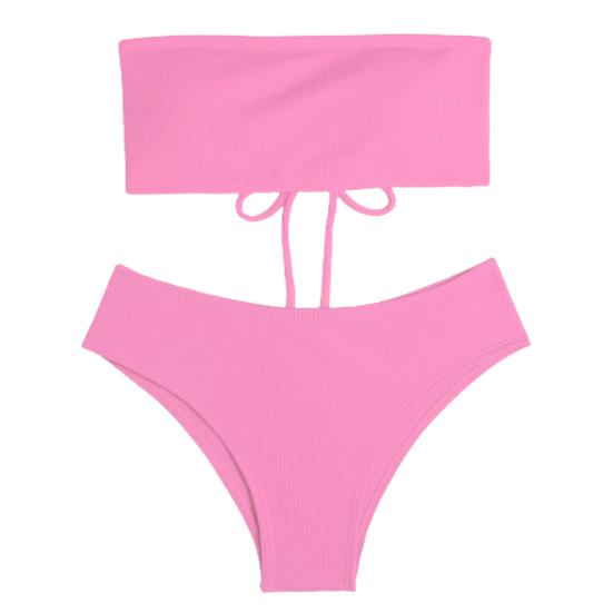 2Pcs/Set Back Lace-up Solid Color Bikini Set Two Pieces Bandeau Bra